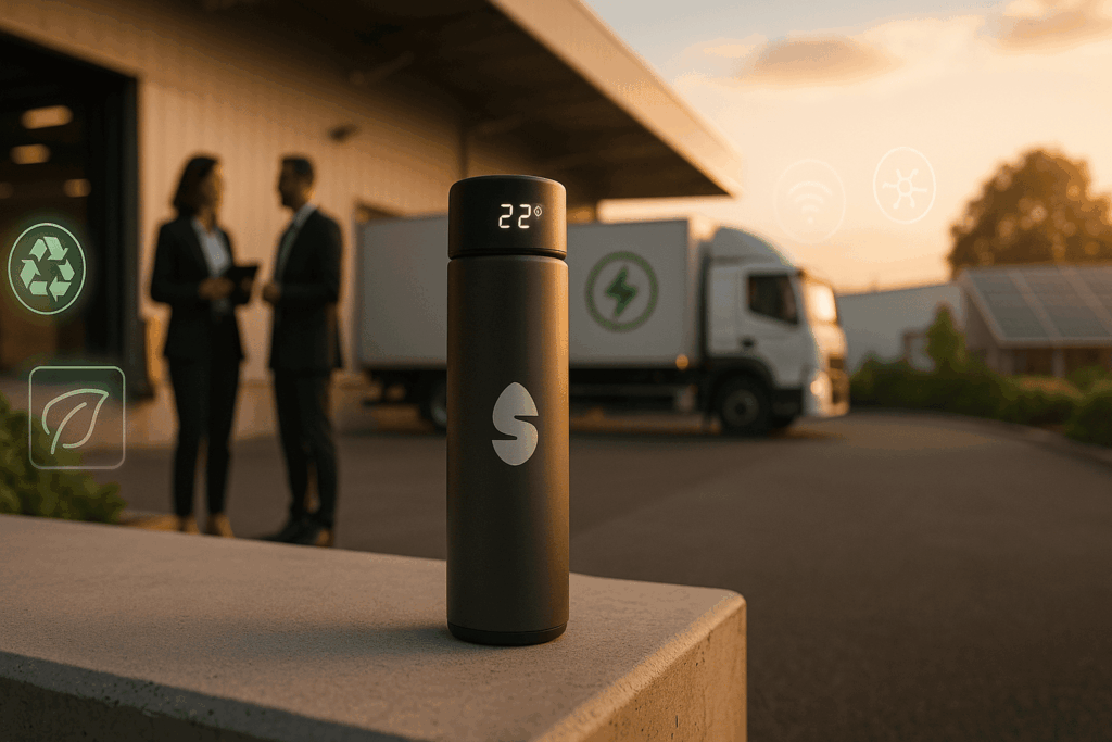 Brinde corporativo tecnológico: Garrafa smart preta com sensor de temperatura e QR Code para campanha de sustentabilidade ESG em logística B2B.